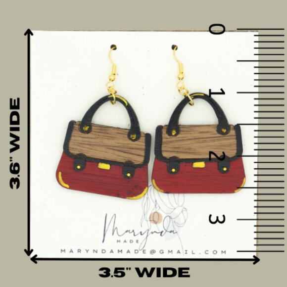 Layered Handpainted Handbag Earrings | Wooden Purse Earrings | Fashion Statement - Picture 3 of 3